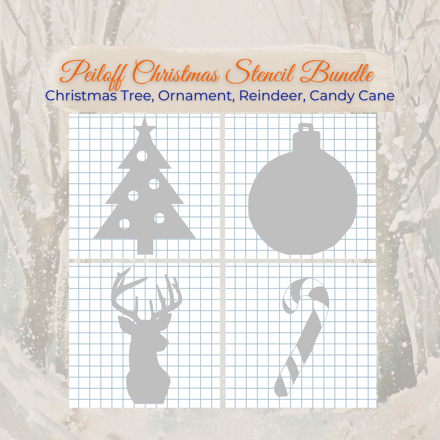 Christmas Stencil Bundle – 6" Reusable Peiloff Masks (Tree, Ornament, Reindeer Head & Candy Cane)