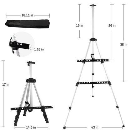 Adjustable Metal Artist Tripod Easel with Travel Bag for Table-Top/Floor Painting - Holds up to 36” Canvas