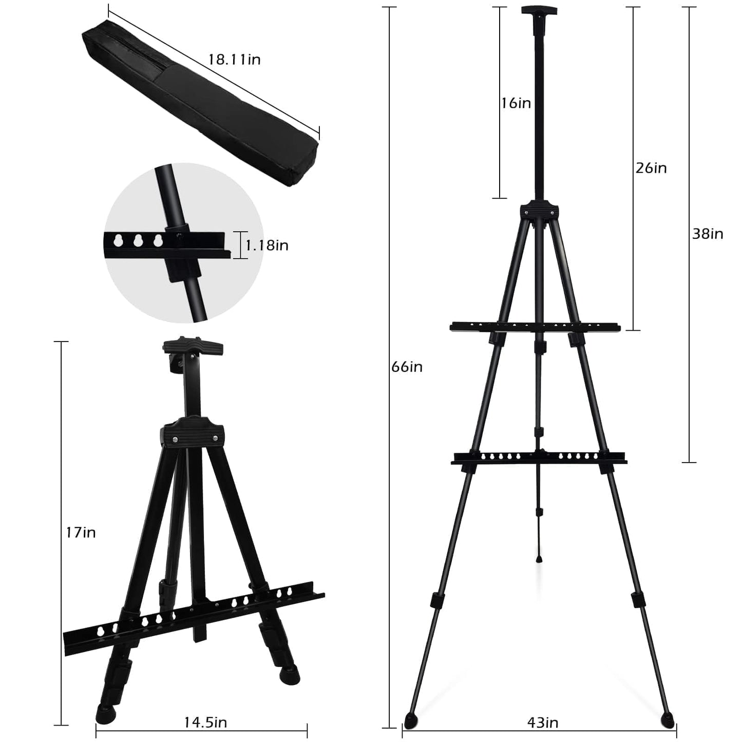 Adjustable Metal Artist Tripod Easel with Travel Bag for Table-Top/Floor Painting - Holds up to 36” Canvas